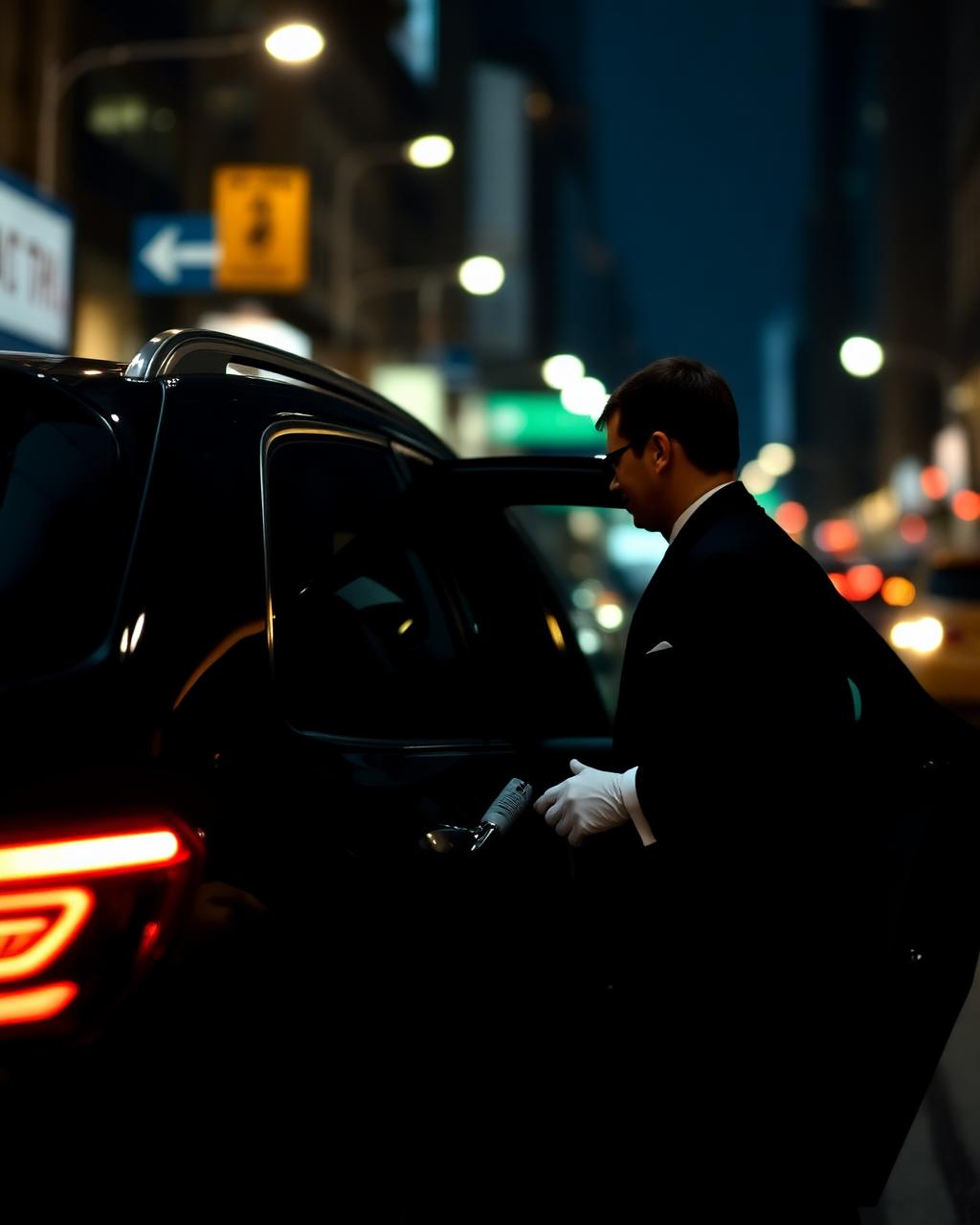 BNY Limo & Car Service chauffeur opening a vehicle door at night