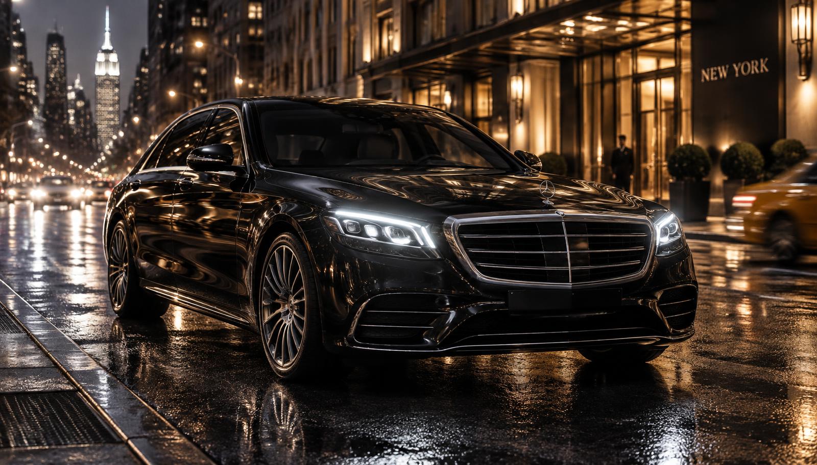 BNY Limo luxury chauffeur with 2025 Mercedes-Benz S-Class at night in Manhattan