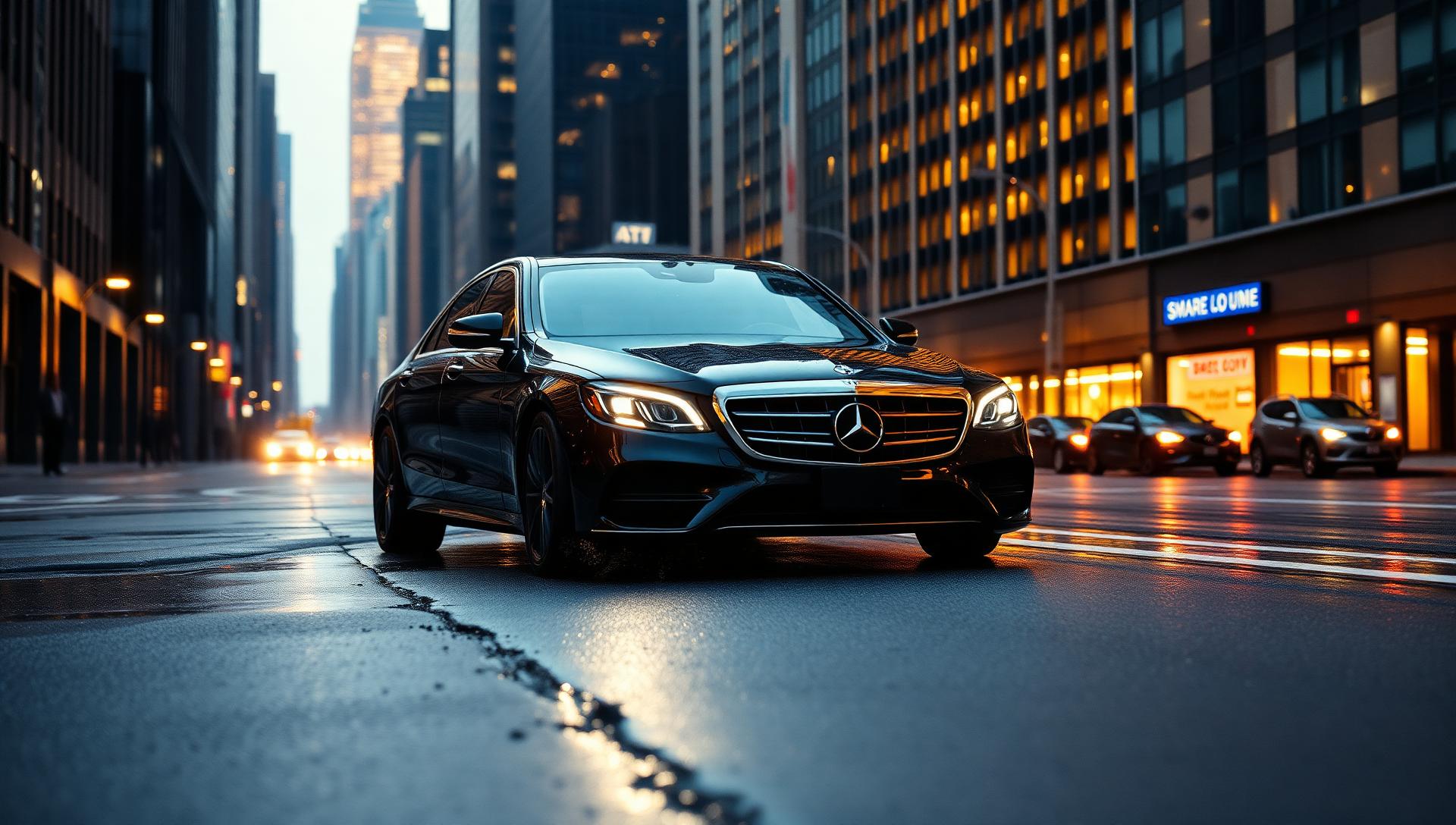 BNY Limo luxury chauffeur with Mercedes-Benz S-Class at night in Manhattan